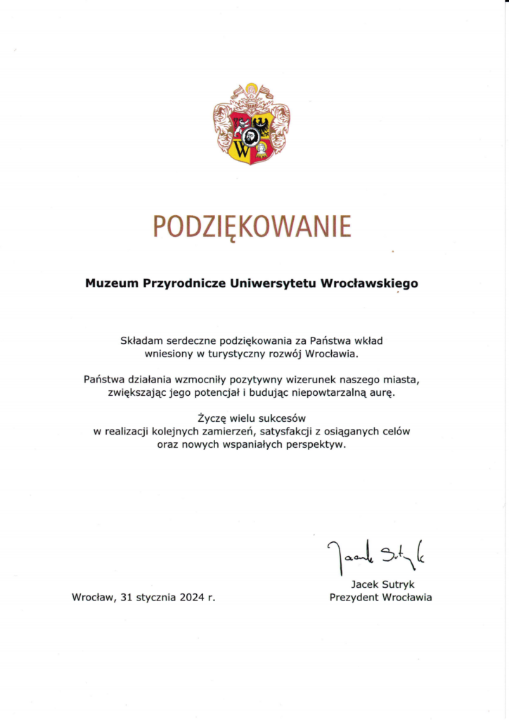 podziękowania dla Muzeum Przyrodniczego 