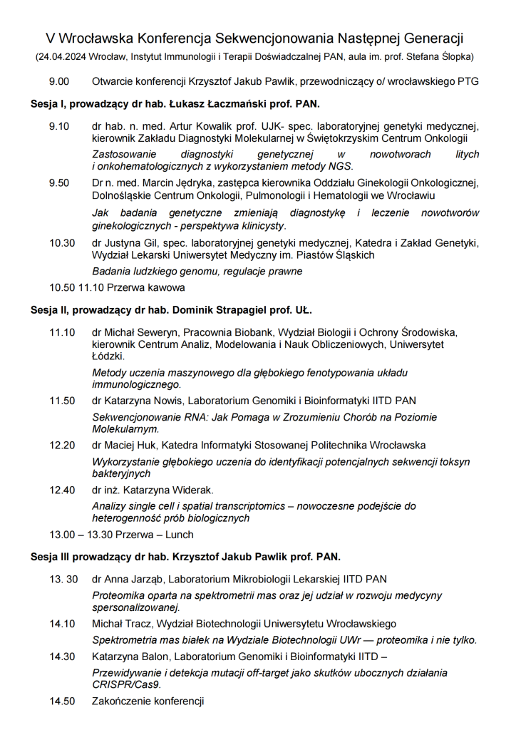V Wrocławska Konferencja Sekwencjonowania Następnej Generacji program
